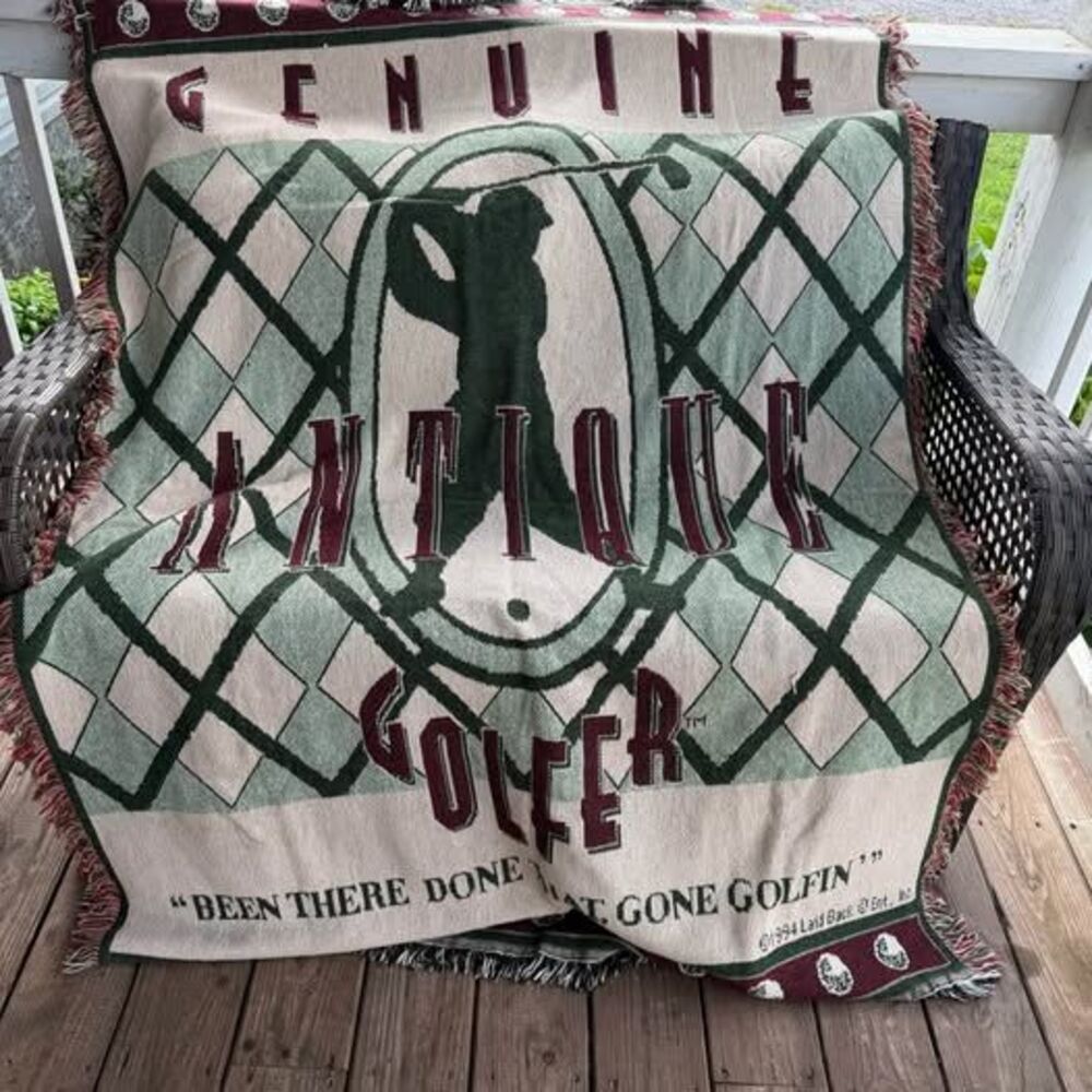 Vintage 1994 Laid Back Ent. Inc. Antique Golfer Woven Throw Blanket